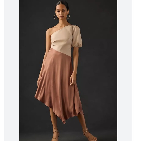 BY ANTHROPOLOGIE FAUX LEATHER ONE-SHOULDER ASYMMETRICAL MIDI DRESS - Picture 1 of 10